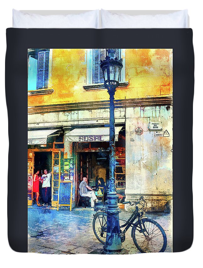 Barcelona Duvet Cover featuring the mixed media Barcelona street cafe and bike by Tatiana Travelways