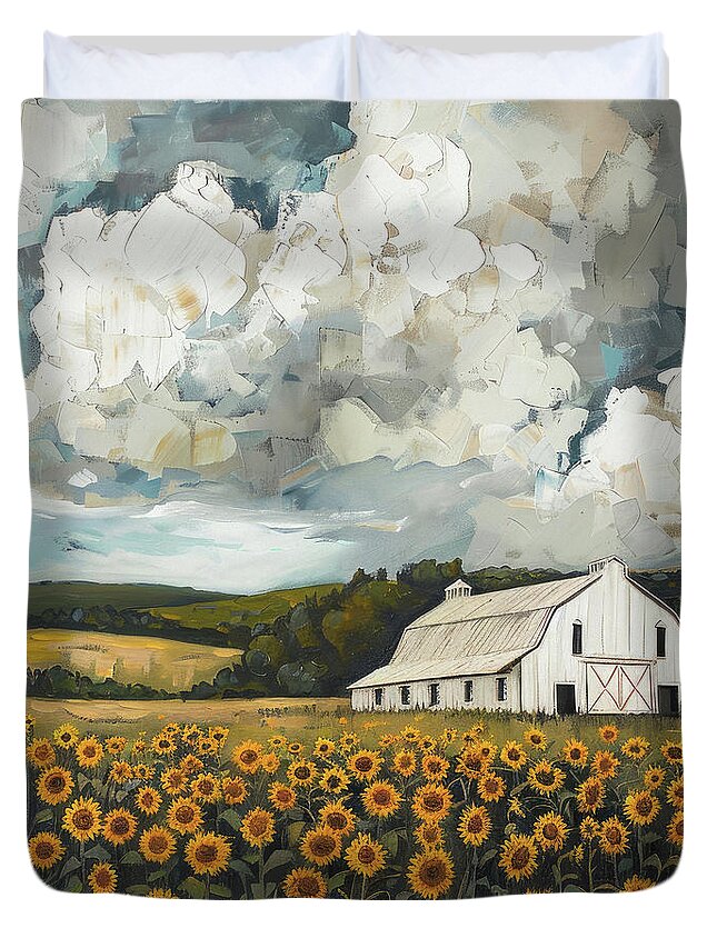 Barn Duvet Cover featuring the painting Barn In The Sunflowers by Tina LeCour