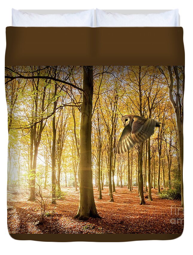 Autumn Duvet Cover featuring the photograph Barn owl flying in autumn woodland by Simon Bratt