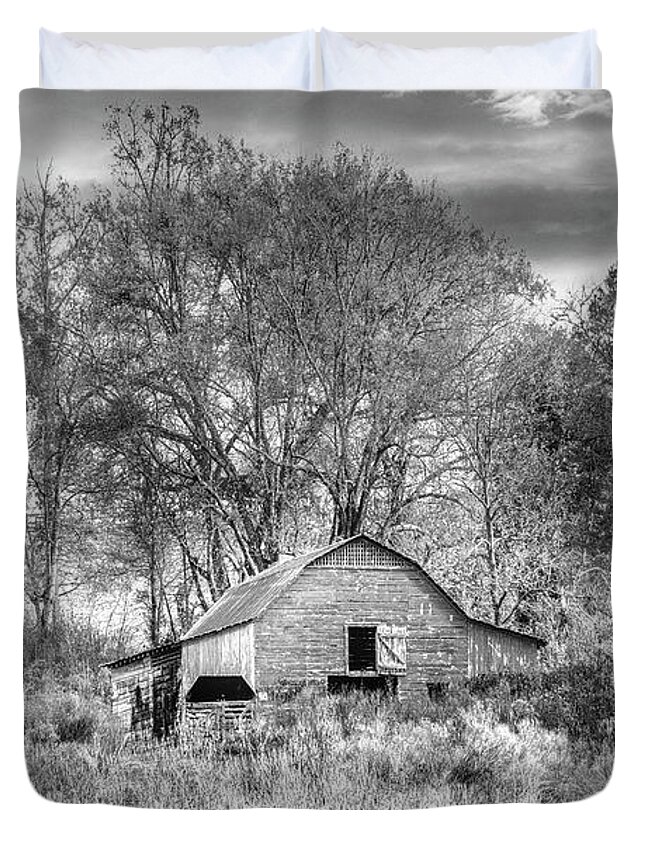 Black Duvet Cover featuring the photograph Barn Under Sunrise Skies Black and White by Debra and Dave Vanderlaan