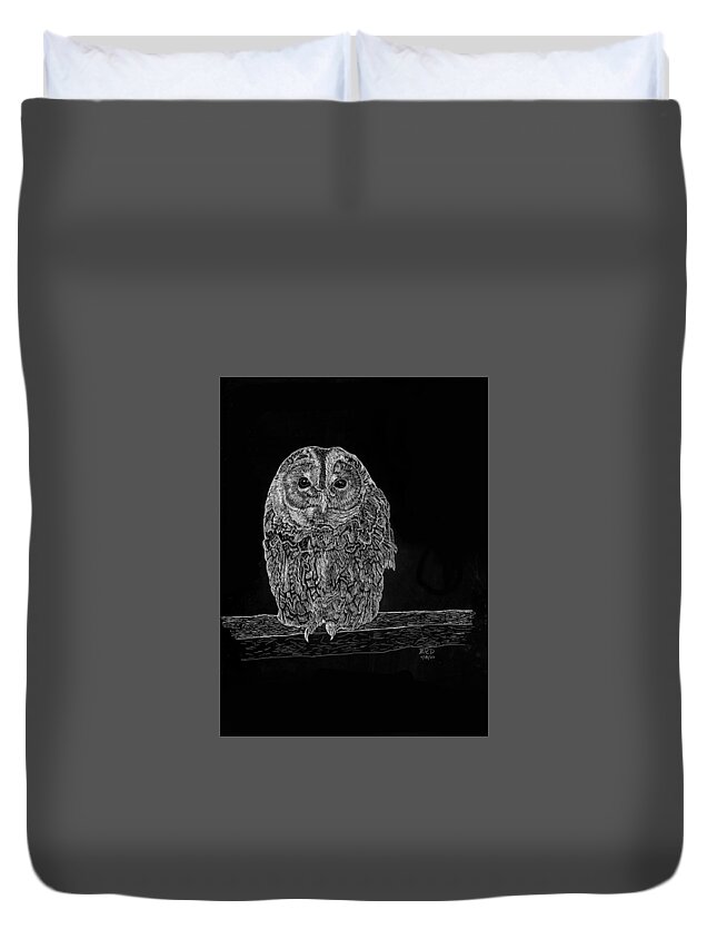 Barred Owl Duvet Cover featuring the drawing Barred Owl by Branwen Drew