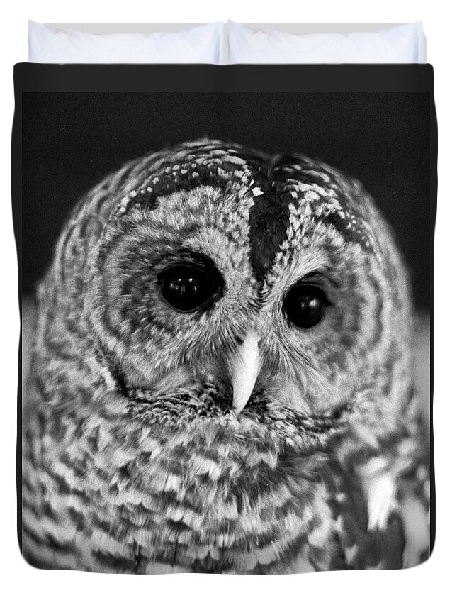 Owl Duvet Cover featuring the pyrography Barred Owl by Mike Bergen