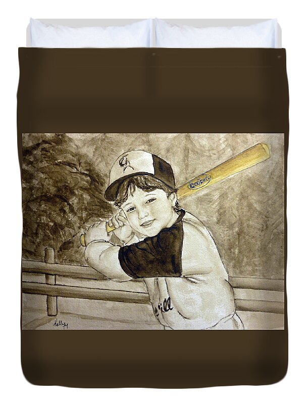 Bat Duvet Cover featuring the painting Baseball at it's best by Kelly Mills