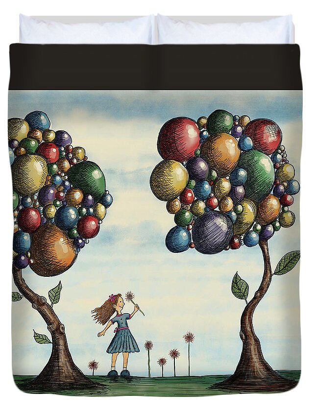 Illustration Duvet Cover featuring the drawing Basie and the Gumball Trees by Christina Wedberg
