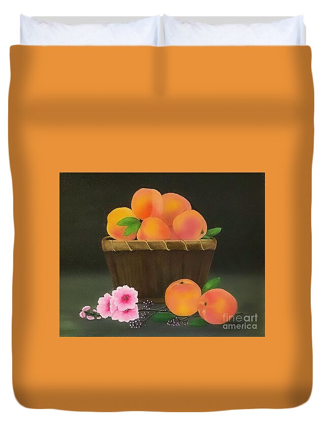Peaches Duvet Cover featuring the painting Basket of Peaches by Shirley Dutchkowski