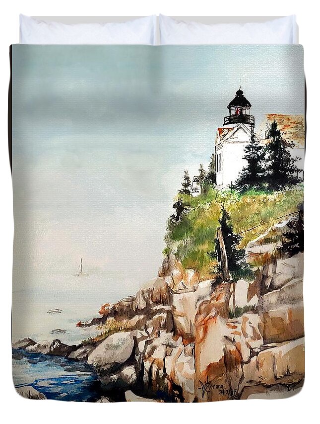 Bass Duvet Cover featuring the painting Bass Harbor Head Light Station by Merana Cadorette