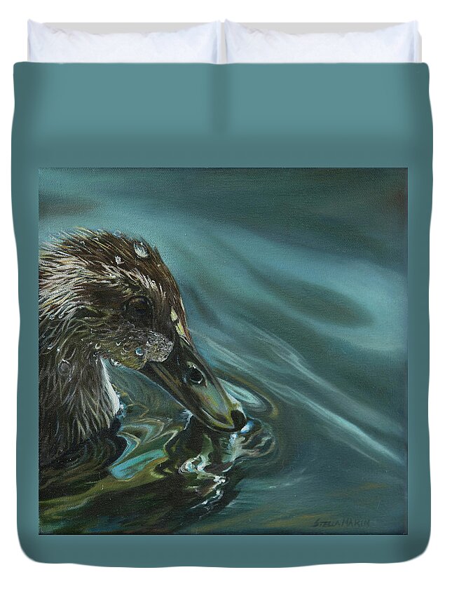 #duck #bathing #water #lake #ducks #droplets #nature #landscape #swim #blue #brown #feathers Duvet Cover featuring the painting Bathing Duckline by Stella Marin