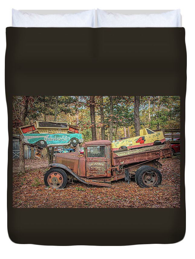 Old Duvet Cover featuring the photograph Battered Rusty Jalopy In The Woods by Kristia Adams