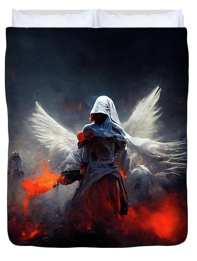 Angels Duvet Cover featuring the digital art Battle Angels fighting in Heaven and Hell 03 by Matthias Hauser