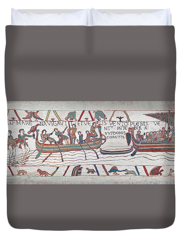 William The Conqueror Duvet Cover featuring the tapestry - textile Bayeux Tapestry scene 3 - 4 - Harold Travels to Normandy #1 by Paul E Williams