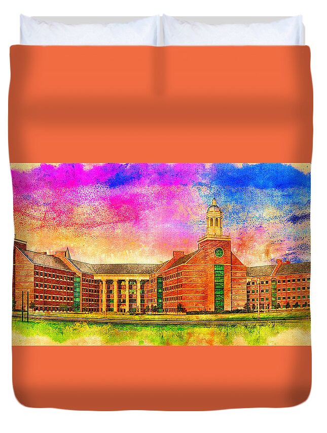 Baylor Science Building Duvet Cover featuring the digital art Baylor Science Building of the Baylor University in Waco, Texas - digital painting by Nicko Prints