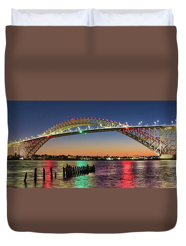 Arch Bridge Duvet Cover featuring the photograph Bayonne Bridge Illuminated by Jerry Fornarotto
