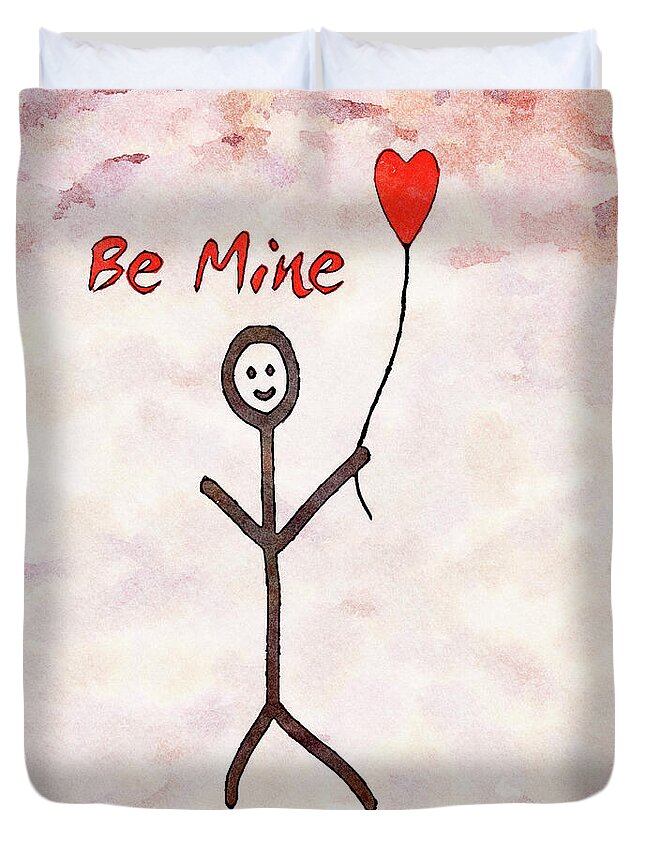 Naive Duvet Cover featuring the digital art Be Mine- Naive Valentine Stick Man with Red Heart Balloon by Shelli Fitzpatrick