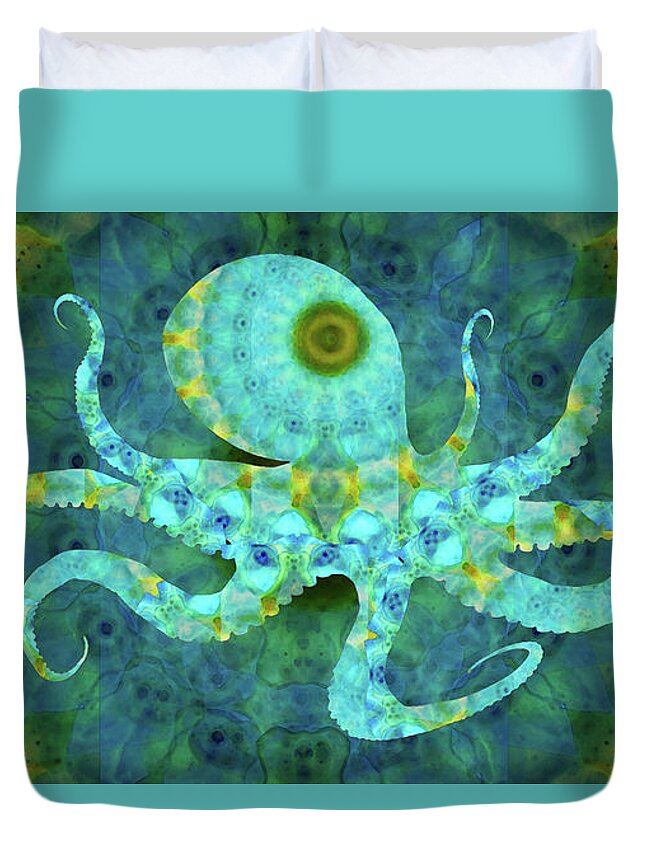 Mandala Duvet Cover featuring the painting Beach Art - Mandala Octopus - Sharon Cummings by Sharon Cummings