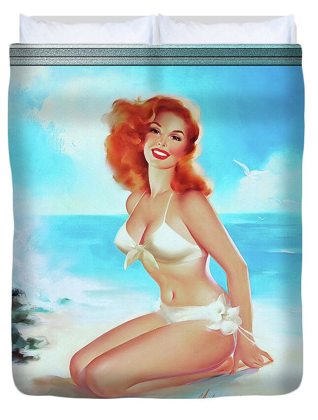 Beach Beauty Duvet Cover featuring the painting Beach Beauty by Edward Runci Pin-Up Girl Vintage Artwork by Rolando Burbon