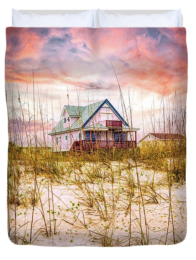 Clouds Duvet Cover featuring the photograph Beach Cottage on the Sand Dunes by Debra and Dave Vanderlaan