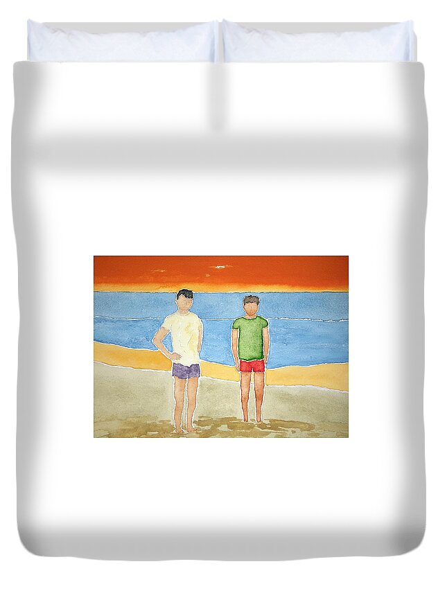 Watercolor Duvet Cover featuring the painting Beach Dudes by John Klobucher