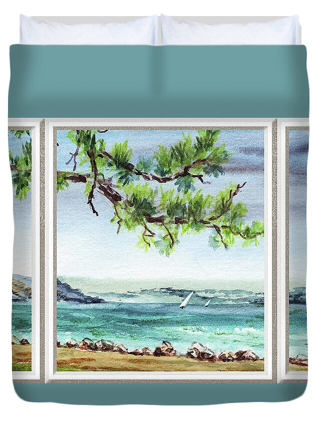 Window View Duvet Cover featuring the painting Beach House Window View To Ocean And Sailboat Watercolor XVII by Irina Sztukowski