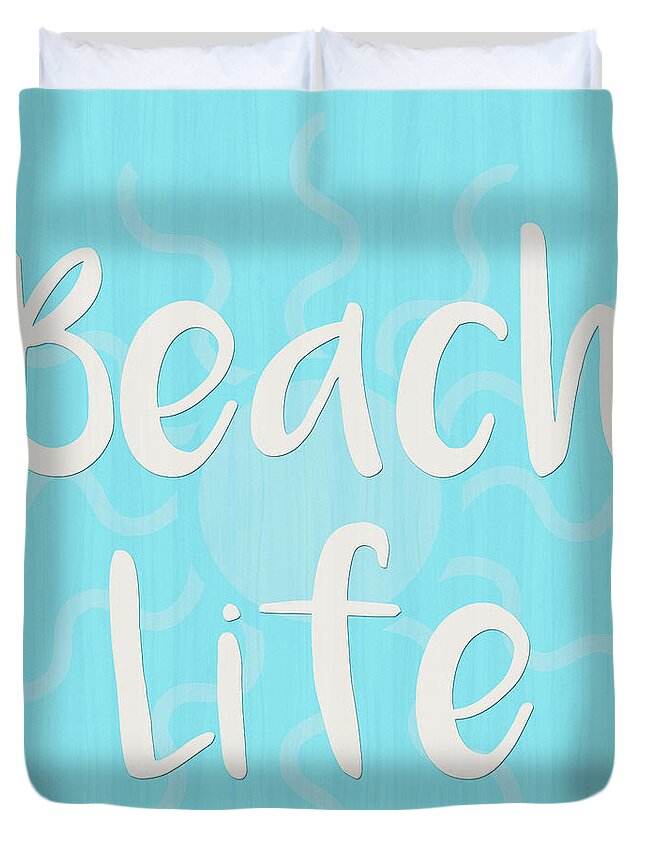 Beach Duvet Cover featuring the digital art Beach Life with Sun in Blue by Angie Tirado