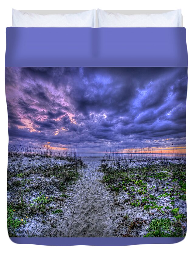 Beach Duvet Cover featuring the photograph Beach Pathway at Sunset by Carolyn Hutchins