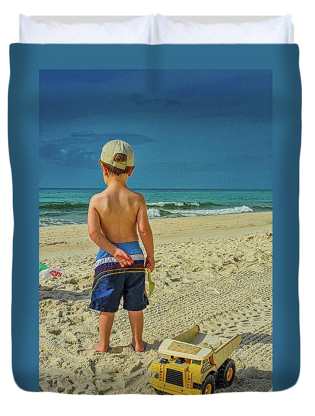 Kid Duvet Cover featuring the photograph Beach with a Kid and a Truck by James C Richardson