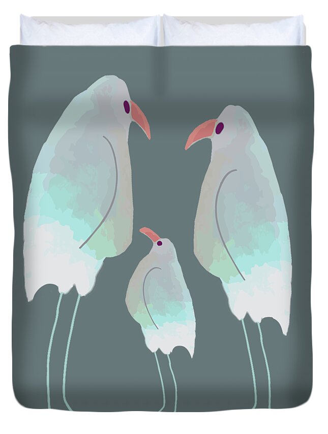 Beachy Bird Family With Starfish Duvet Cover featuring the digital art Beachy Bird Family with Starfish by Kandy Hurley