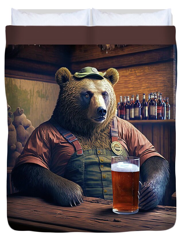 Bear Duvet Cover featuring the digital art Bear Beer Buddy 06 by Matthias Hauser