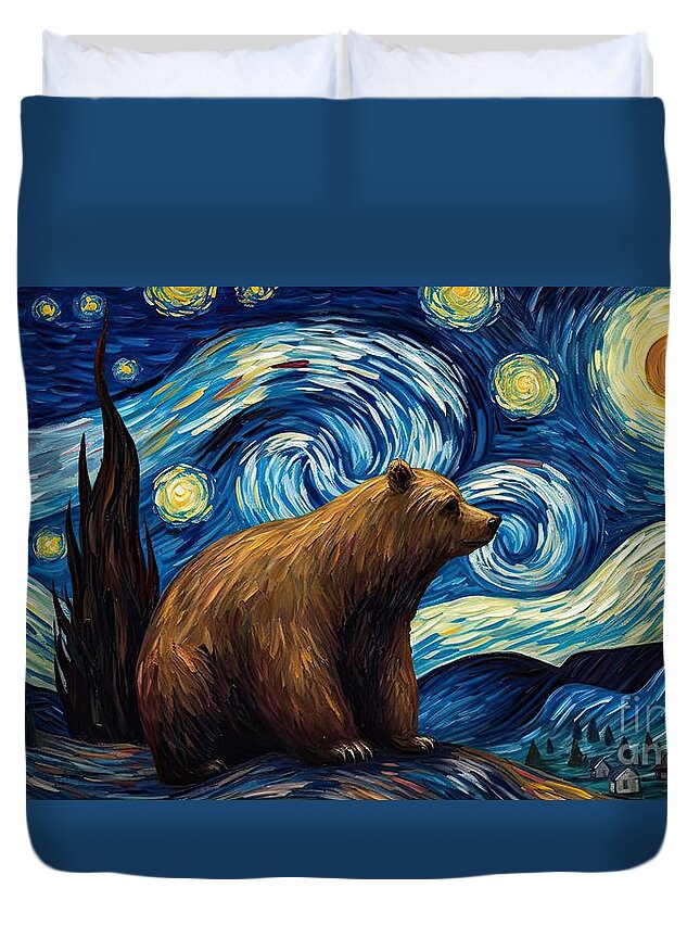 Drawing Duvet Cover featuring the painting Bear Starry Night by N Akkash