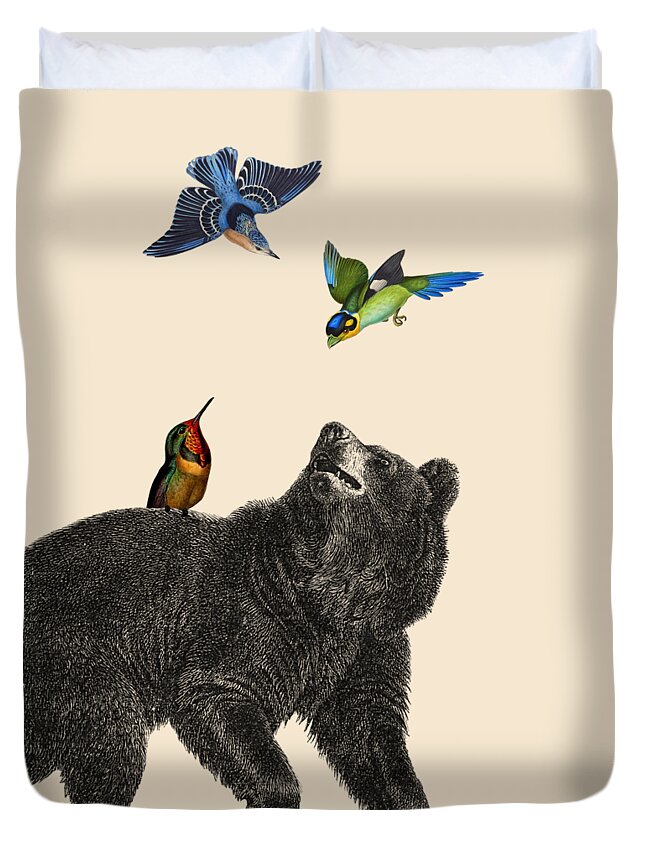 Bear Duvet Cover featuring the digital art Bear with birds antique illustration by Madame Memento