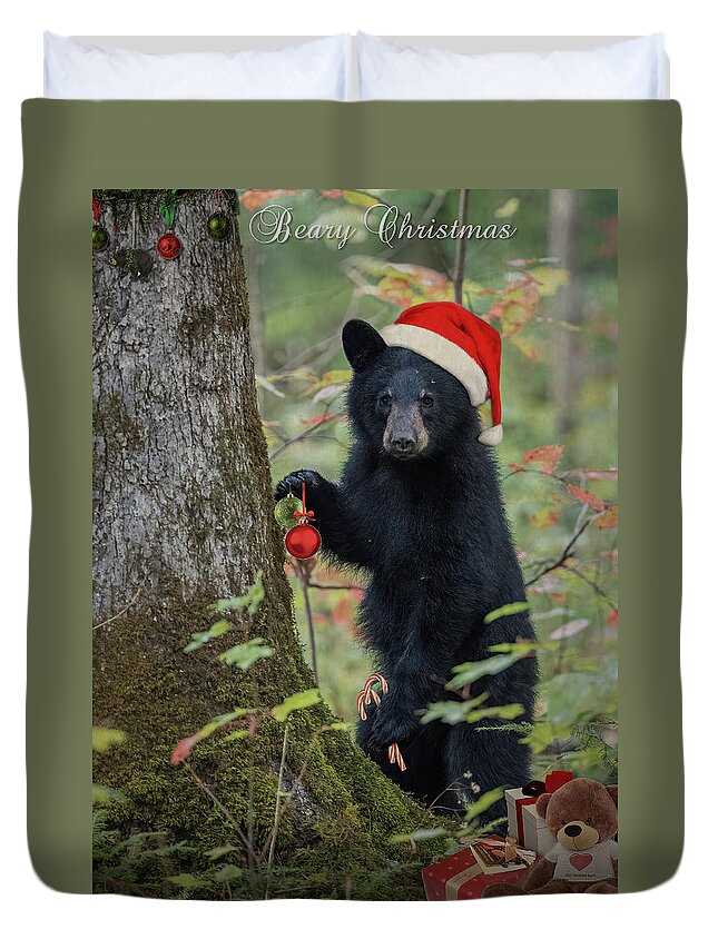 Bear Duvet Cover featuring the photograph Beary Christmas Card by Everet Regal