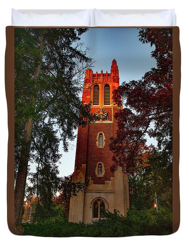 Michigan State University Duvet Cover featuring the photograph Beaumont Tower on the Michigan State University campus at sunrise by Eldon McGraw