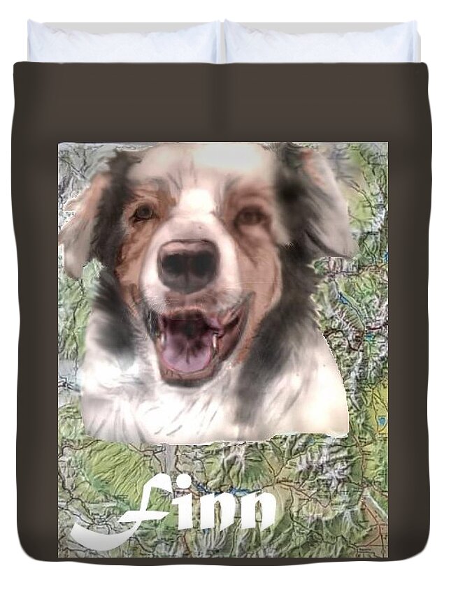 Pencil Sketch Enhanced With Computer And Background Australian Shepard Duvet Cover featuring the mixed media Beautiful Finn by Pamela Calhoun