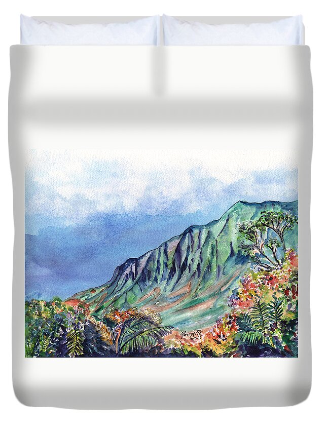 Kalalau Valley Print Duvet Cover featuring the painting Beautiful Kalalau Valley by Marionette Taboniar