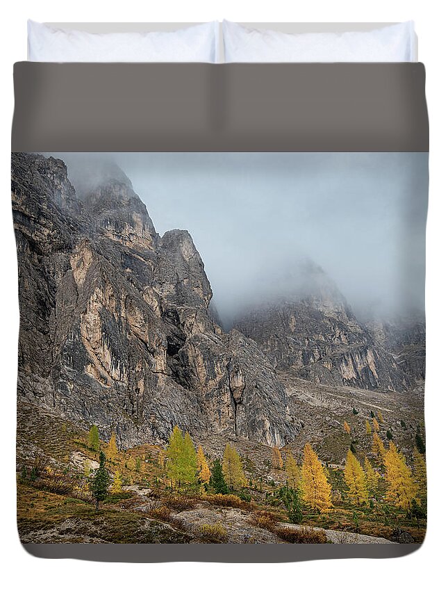 Passo Gardena Duvet Cover featuring the photograph Beautiful mountain landscape of the picturesque Dolomites mounta by Michalakis Ppalis