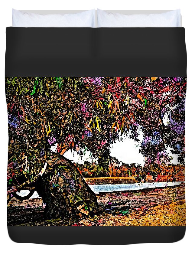 Beautiful Duvet Cover featuring the mixed media Beautiful Old Gum Takes A Rest By The Billabong by Joan Stratton
