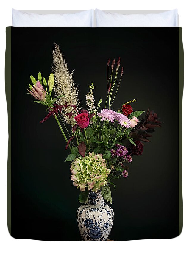 Bouquet Duvet Cover featuring the photograph Beautiful picking bouquet in Dutch Delft blue by Marjolein Van Middelkoop