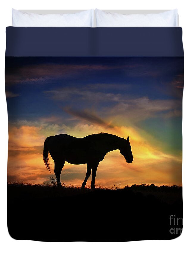 Horse Duvet Cover featuring the photograph Beautiful Silhouetted Horse in Colorful Sunrise by Stephanie Laird
