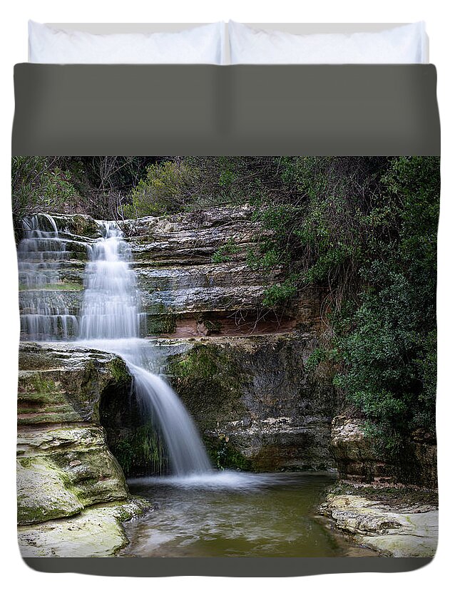 River Duvet Cover featuring the photograph Beautiful waterfall splashing in the canyon Troodos Cyprus by Michalakis Ppalis