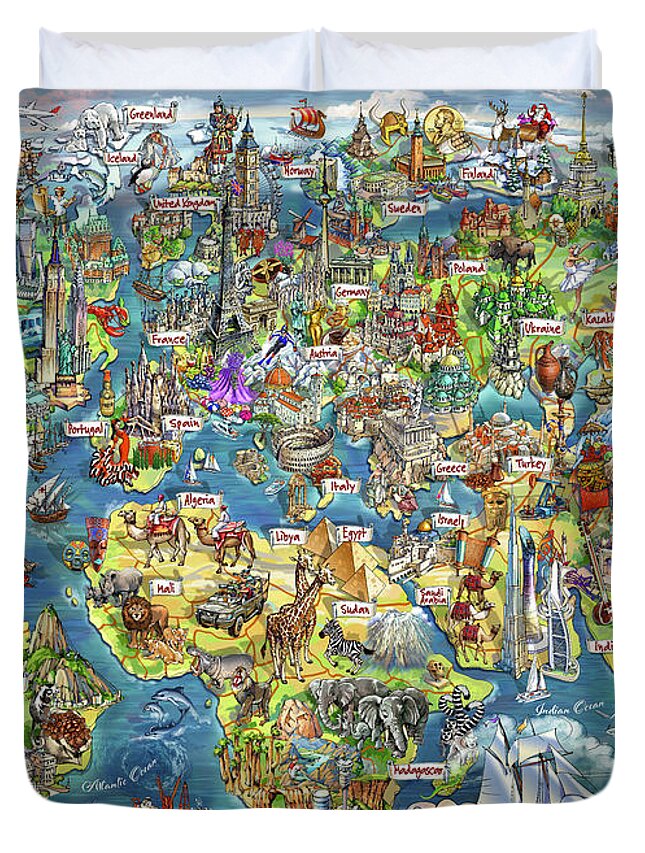 World Illustrated Map Duvet Cover featuring the digital art Beautiful World - Map Illustration by Maria Rabinky