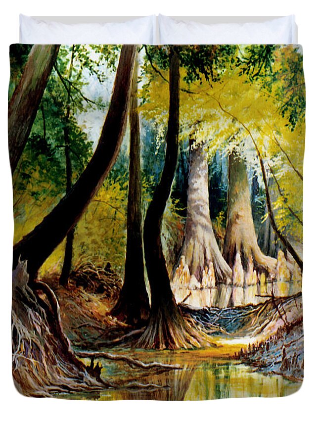 Beaver Dam Duvet Cover featuring the painting Beaver Dam on Village Creek by Randy Welborn