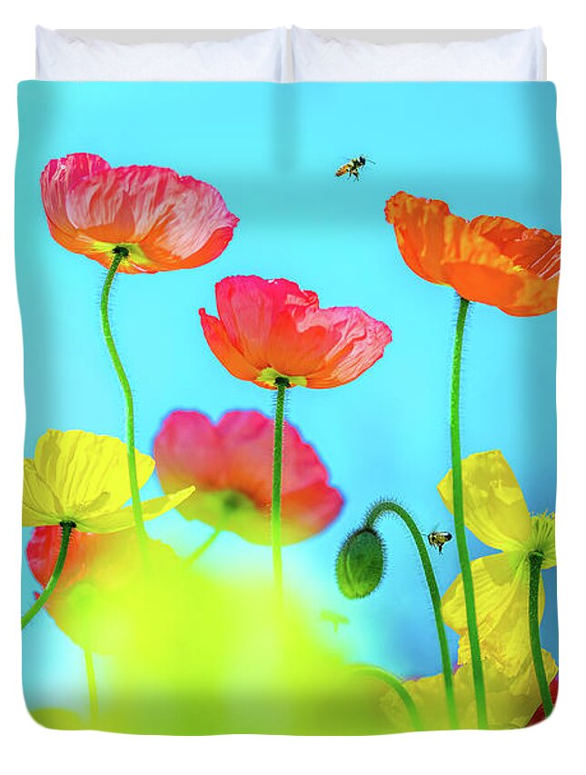 Colorful Poppy Flower Duvet Cover featuring the photograph Bee Haven by Az Jackson