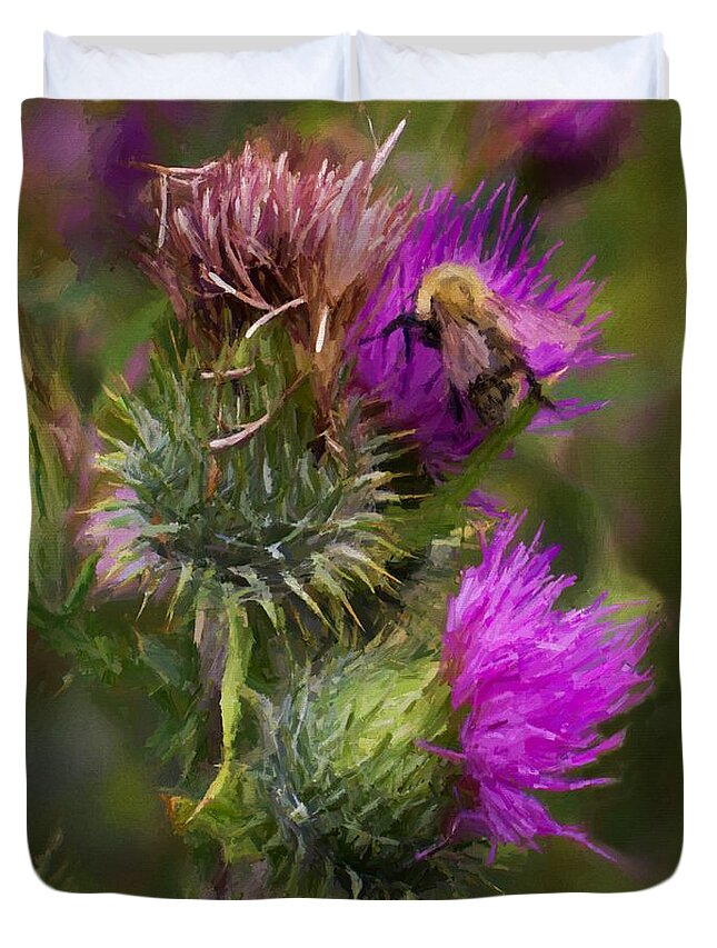 Nature Duvet Cover featuring the digital art Bee on a Thistle Flower by Charmaine Zoe