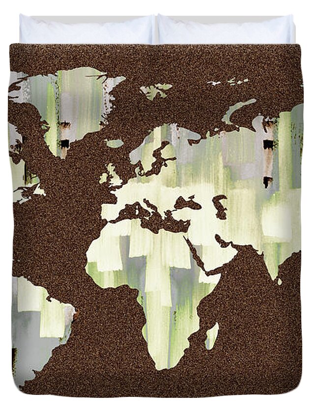 World Map Duvet Cover featuring the painting Beige On Brown Stone World Map Silhouette by Irina Sztukowski