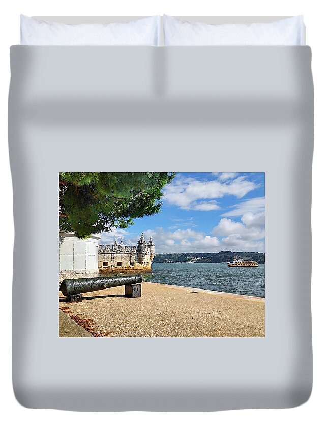 Fort Lisbon Duvet Cover featuring the digital art Belem Tower of Saint Vincent Medieval Fort Cannon Boat Lisbon Portugal by Irina Sztukowski