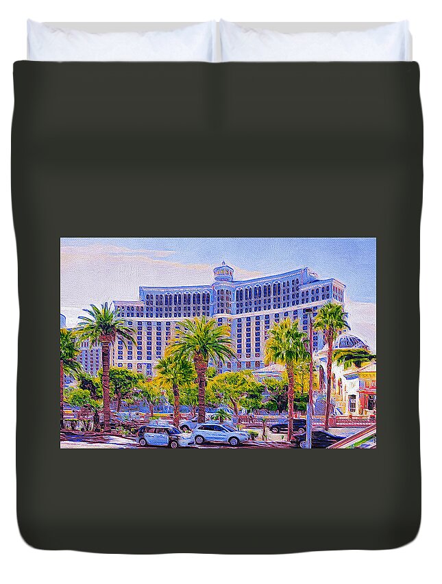 Bellagio Hotel Duvet Cover featuring the digital art Bellagio Hotel Las Vegas by Tatiana Travelways