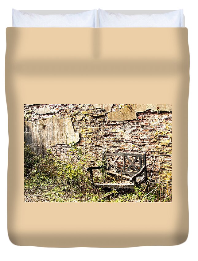 Bench Wall Wood Old Duvet Cover featuring the photograph Bench Wall 1 by John Linnemeyer