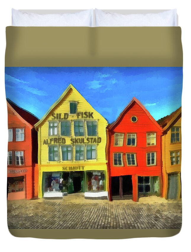 Bergen Norway Duvet Cover featuring the painting Bergen Norway by George Rossidis