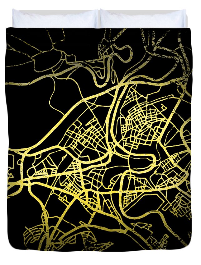 Map Duvet Cover featuring the digital art Bern Map in Gold and Black by Sambel Pedes