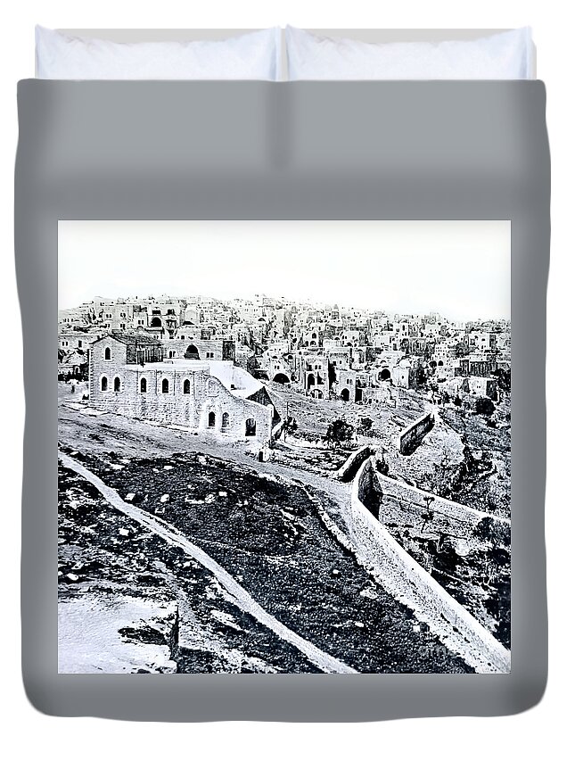 Bethlehem Duvet Cover featuring the photograph Bethlehem City and Fields in 1900 by Munir Alawi