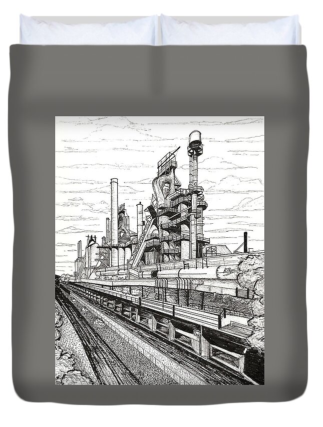 Bethlehem Duvet Cover featuring the painting Industrial Elegance Bethlehem Steel Stacks Close-Up by Kathy Pope